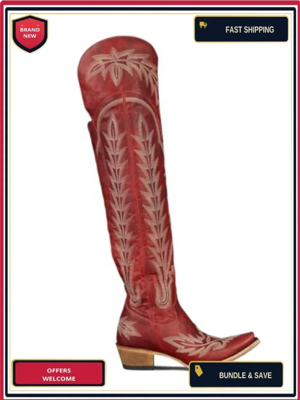 Over the Knee Cowboy Boots Women Embroidery Chunky Heel Side Zipper Thigh High